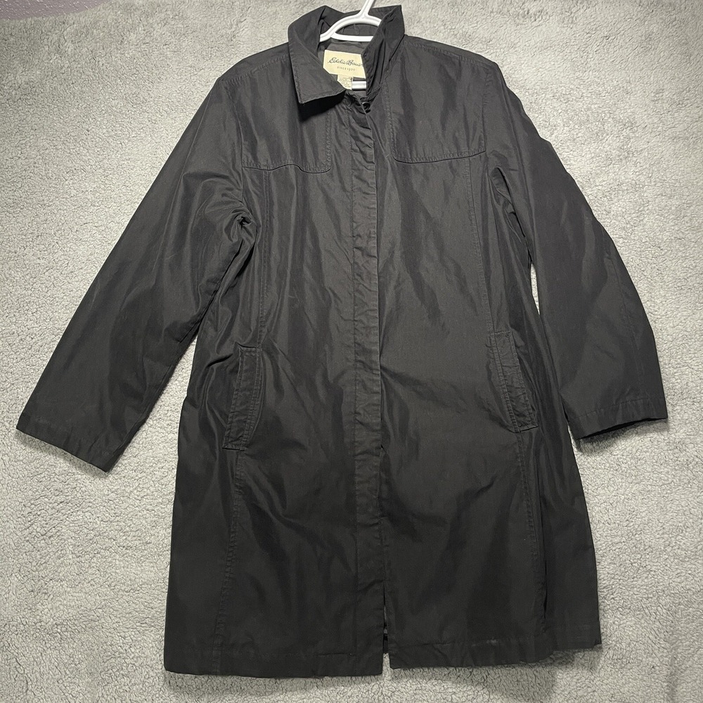 Eddie Bauer Trench Coat Womens Large Black Lightweight Jacket Polyester Blend
